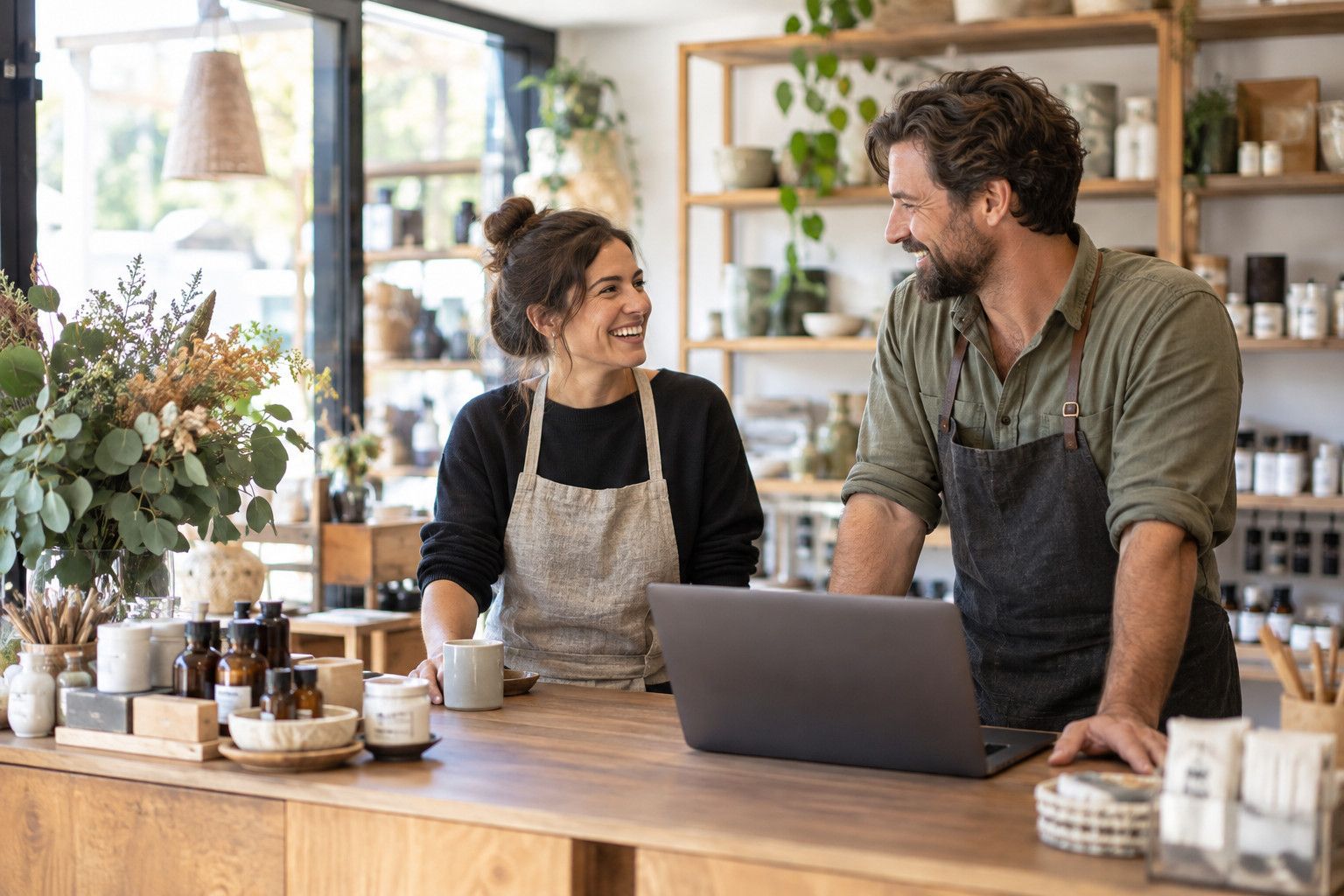 Two small business owners working together in their shop