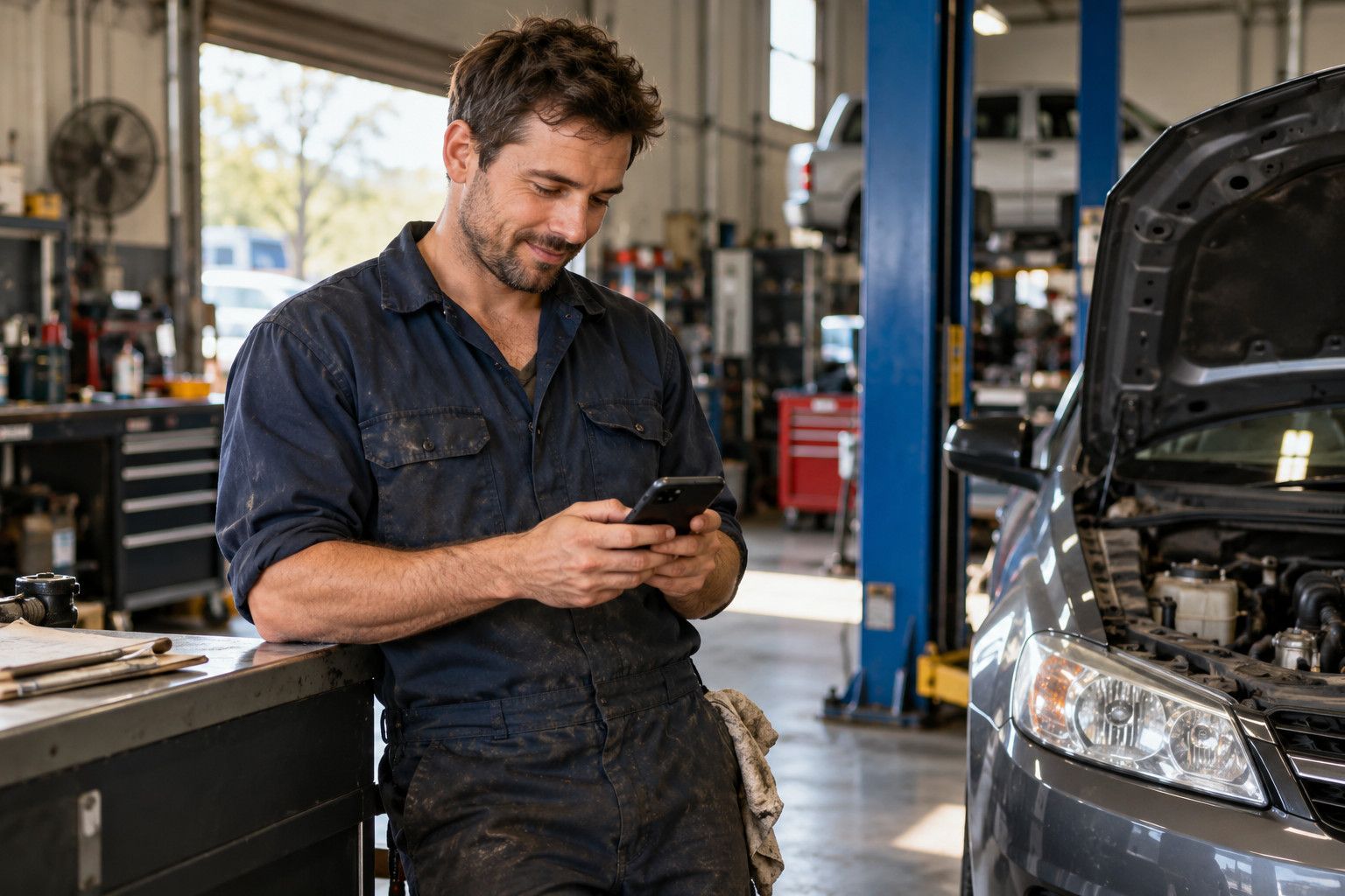 Mechanic in the workshop checking his phone