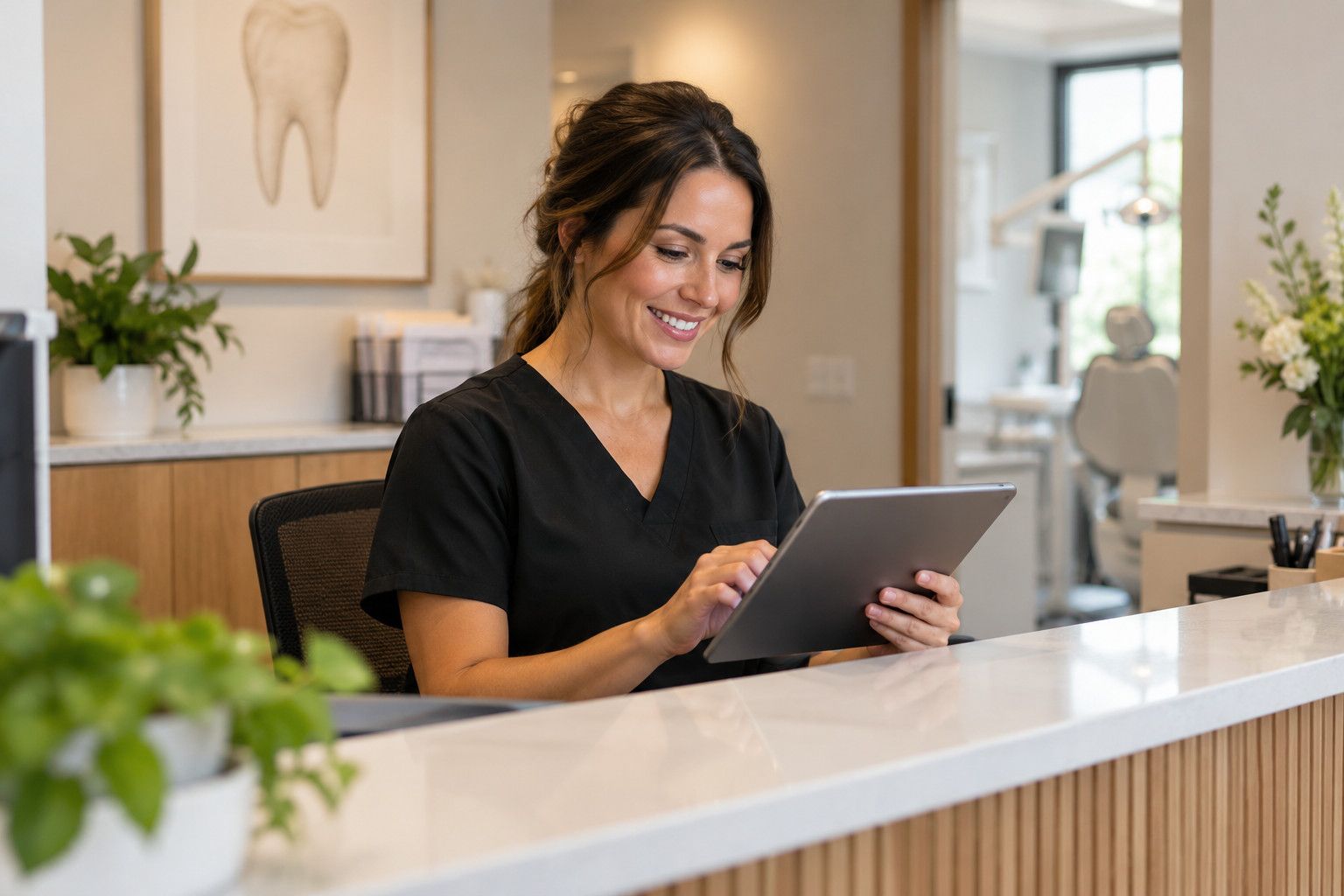 Dental receptionist at the front desk with a tablet