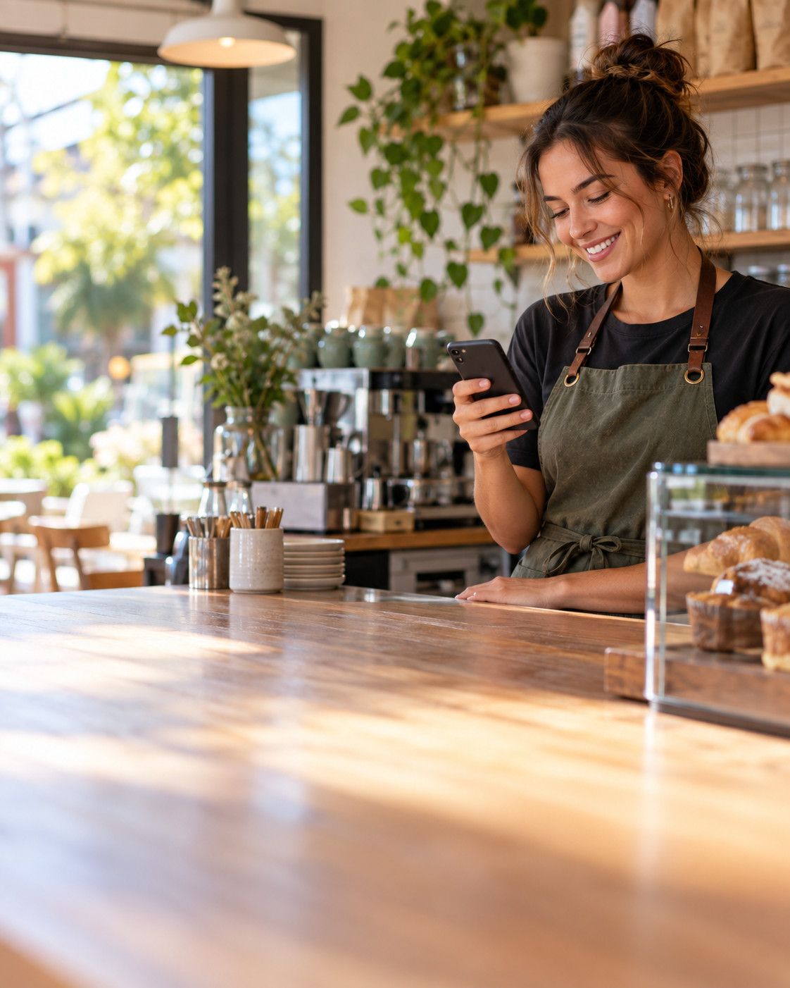 Café owner at the counter smiling at her phone