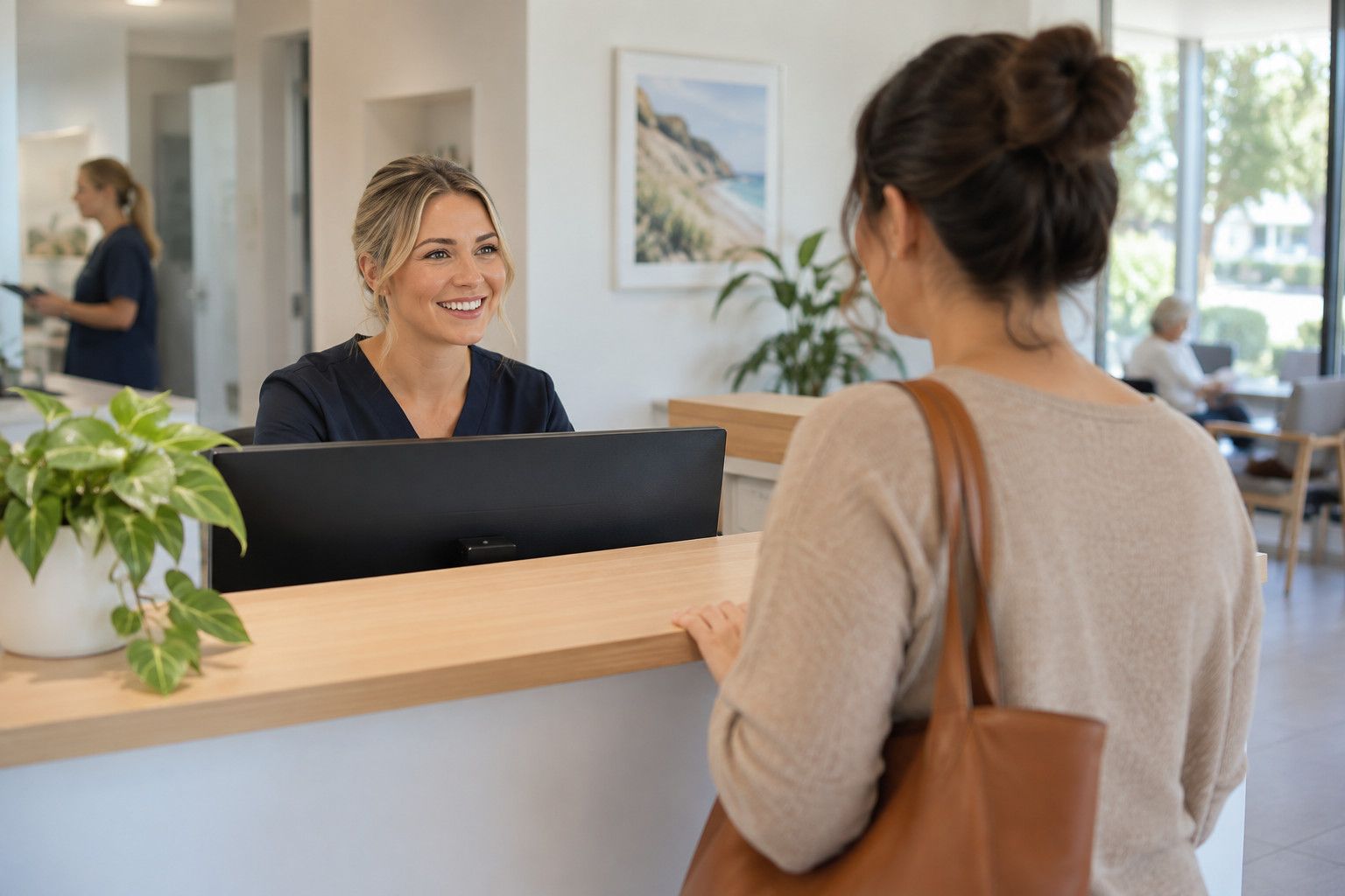 Medical clinic receptionist greeting a patient