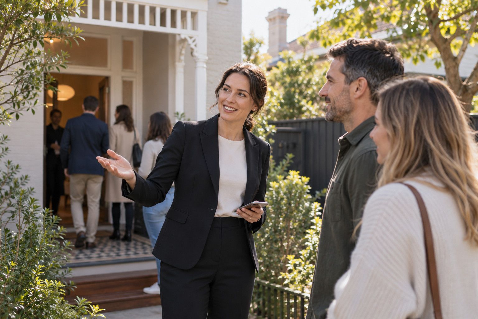 Real estate agent welcoming buyers at an open home