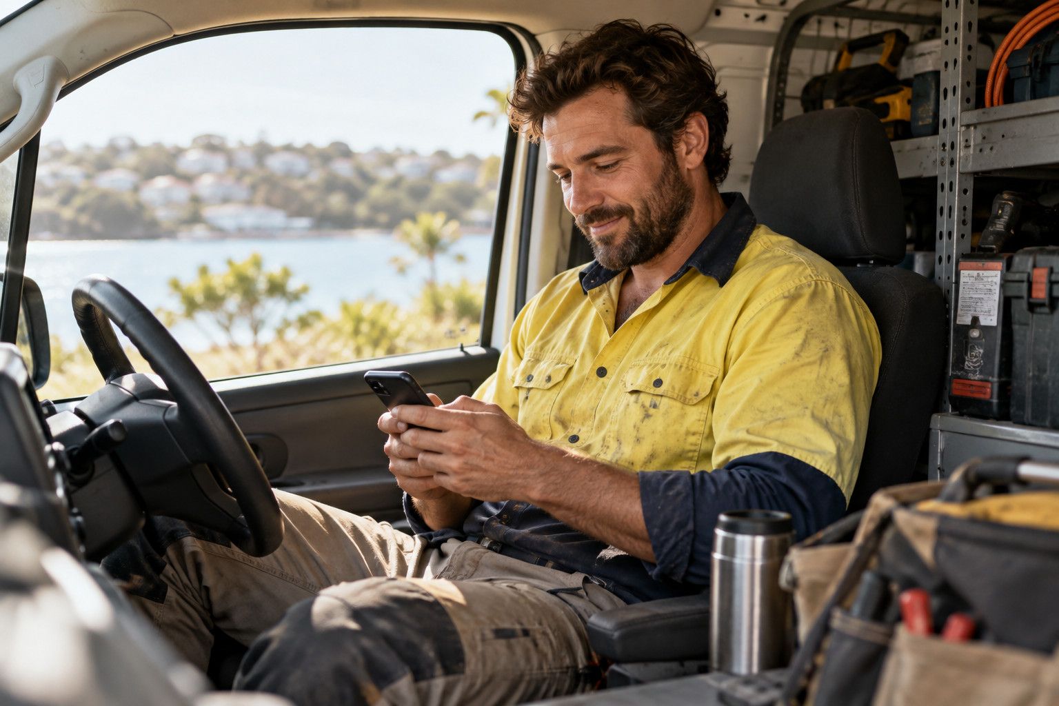 Tradesman in his van replying to a customer on his phone