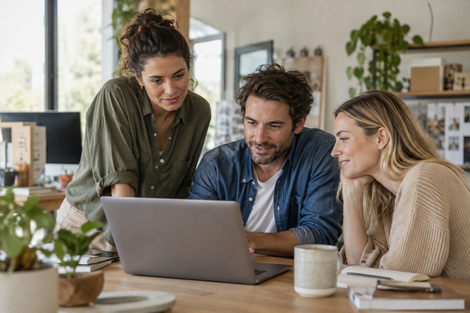Three colleagues working together around a laptop