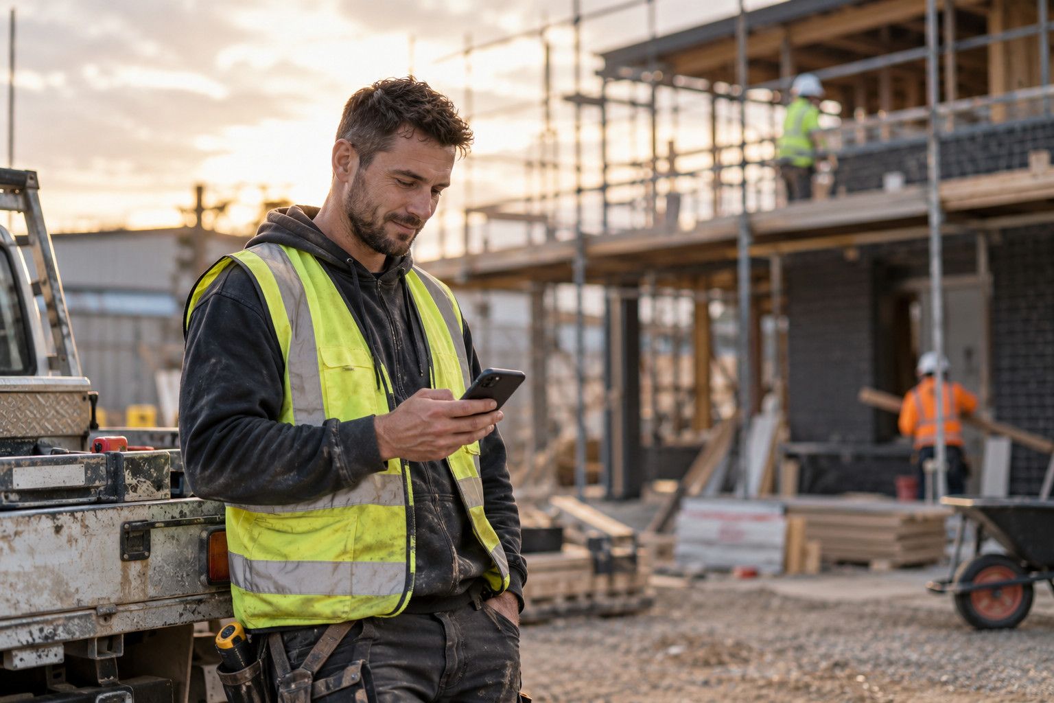 Tradesperson in hi-vis checking his phone on site