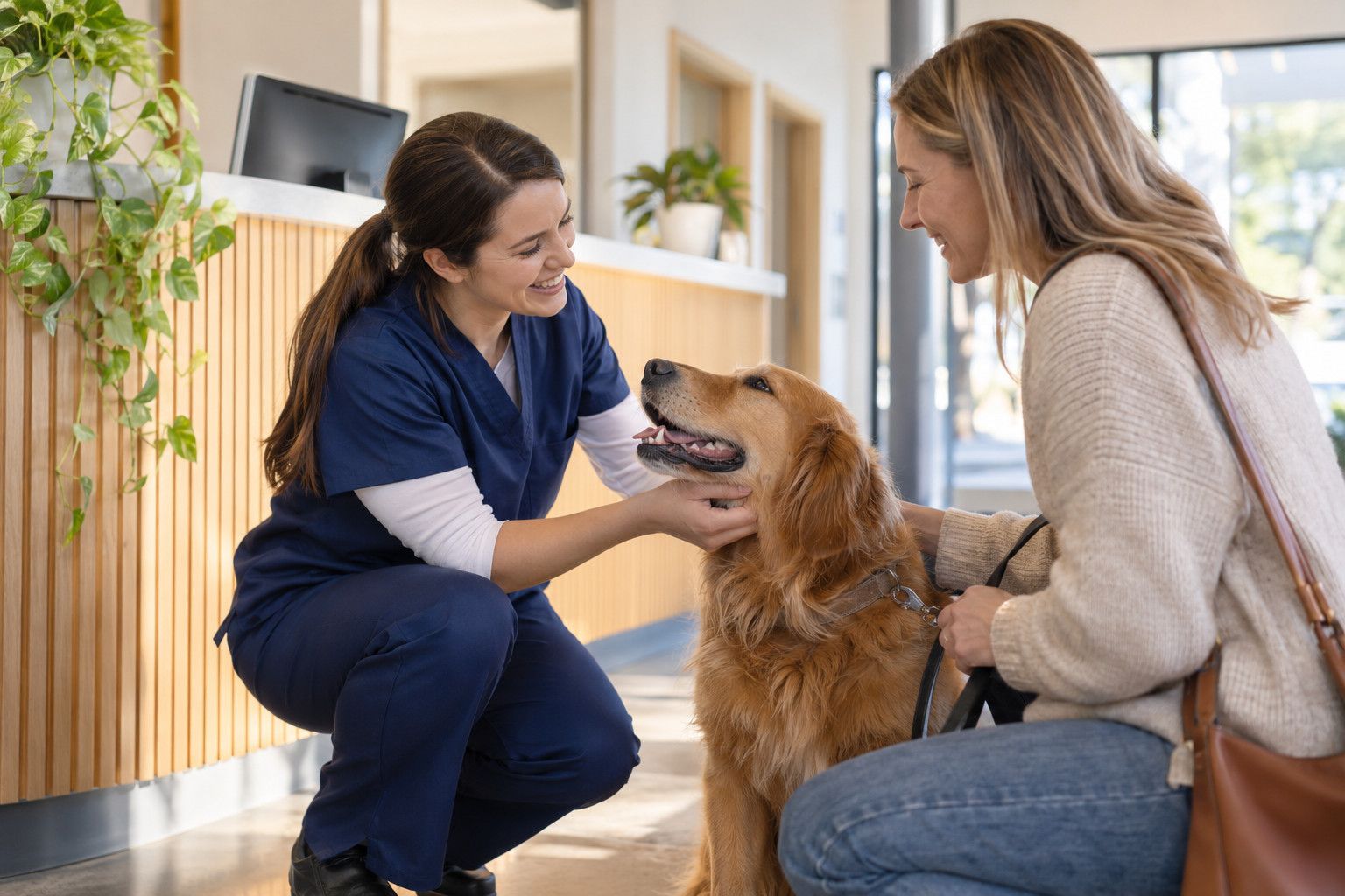 Vet nurse greeting a dog and its owner at reception